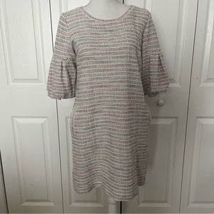 LOFT Tweed Mini Dress Side Pockets Puff Sleeves Multicolor Over Ivory Si…